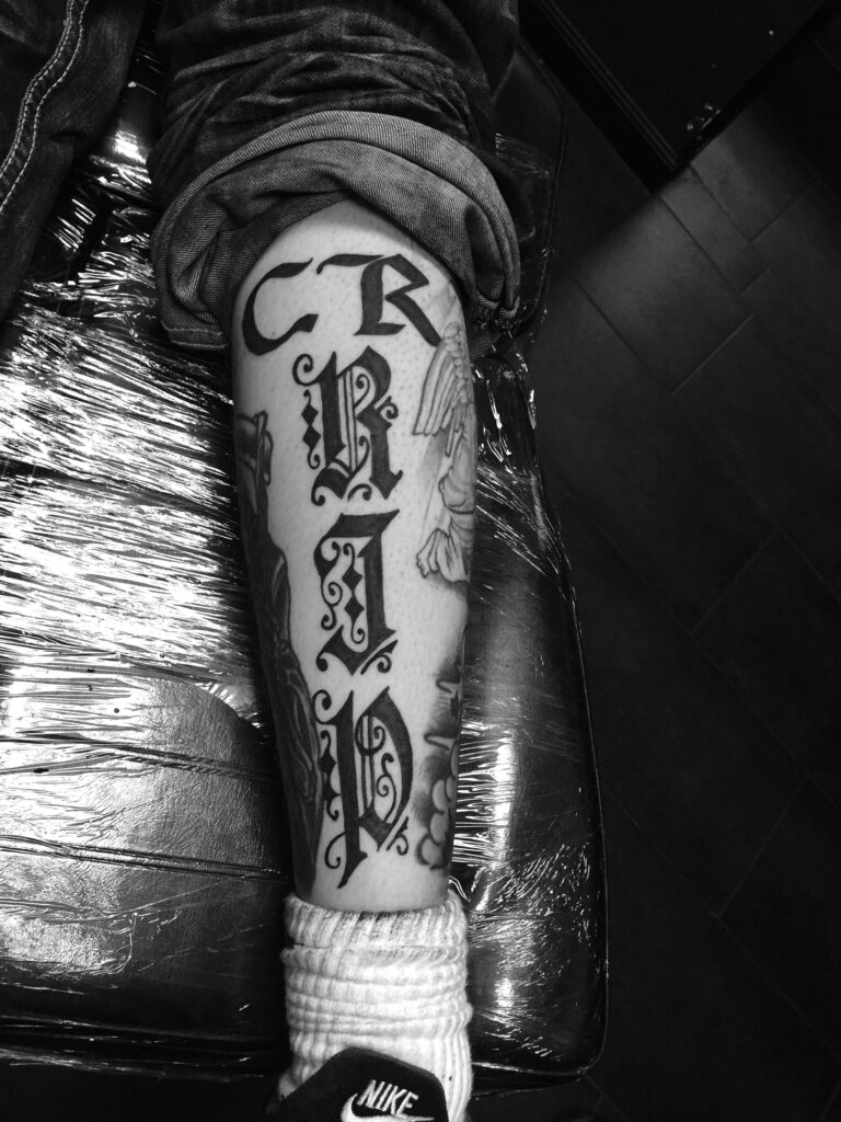 RIP CR Lettering Tattoo by Al Razor
